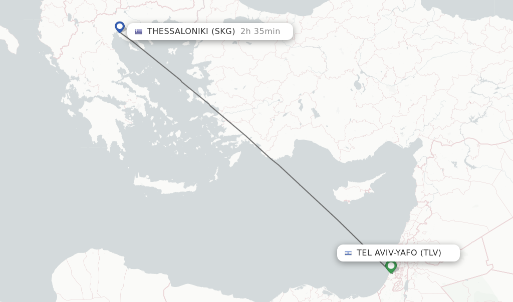 Flights from Tel Aviv-Yafo to Thessaloniki route map