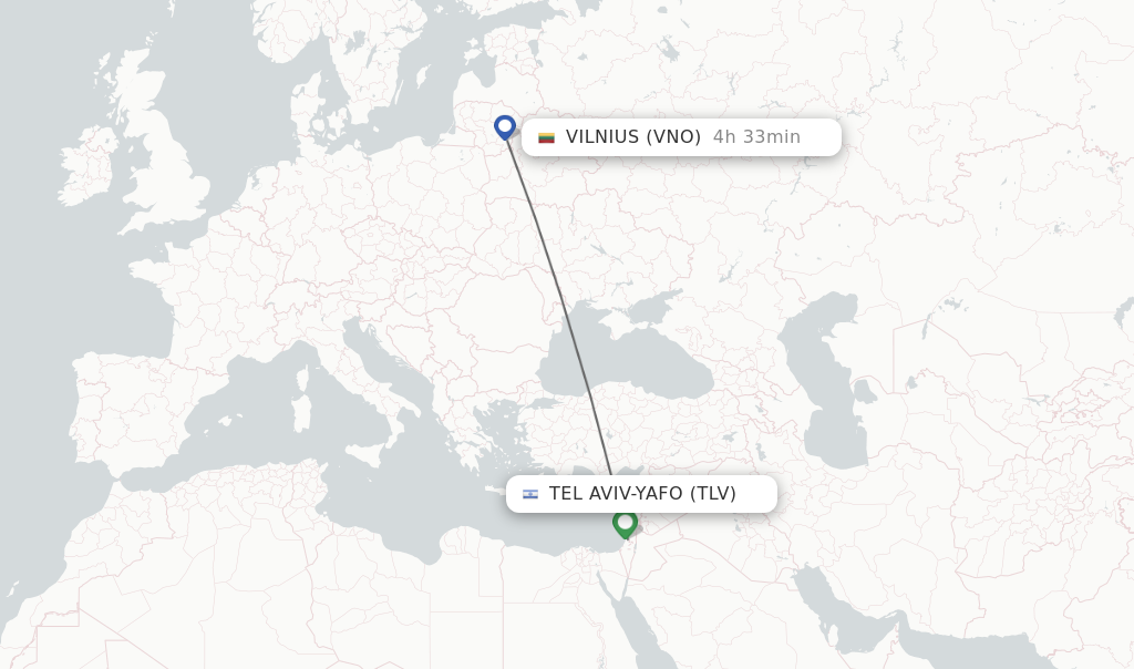 Flights from Tel Aviv-Yafo to Vilnius route map