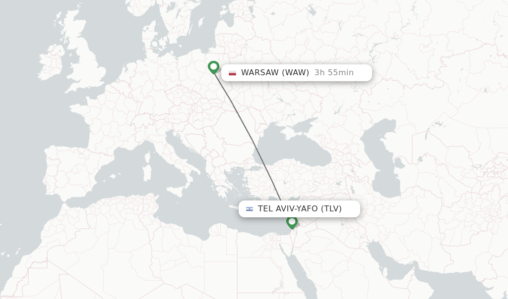 Flights from Tel Aviv-Yafo to Warsaw route map