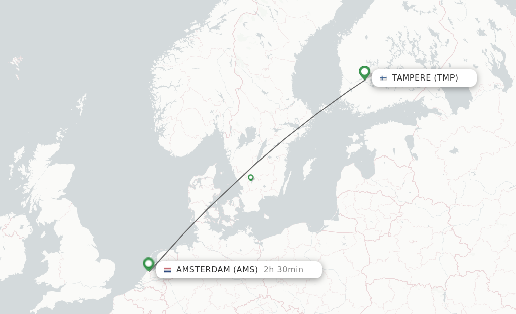 Flights from Tampere to Amsterdam route map