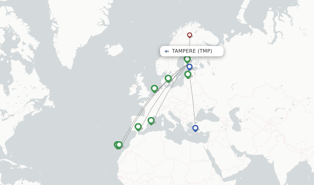 Route map with flights from Tampere with Air Baltic