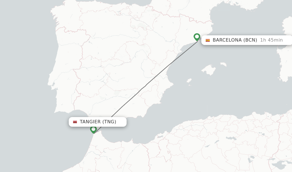 Flights from Tangier to Barcelona route map