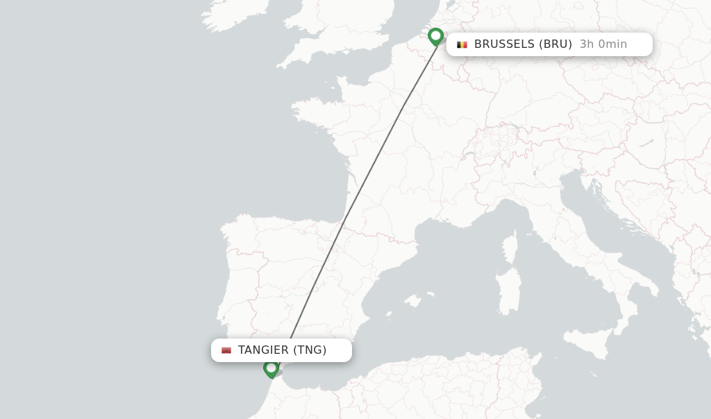 Flights from Tangier to Brussels route map