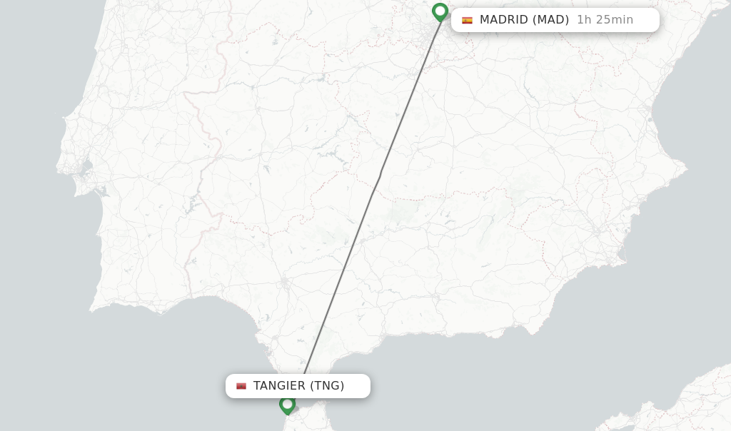 Flights from Tangier to Madrid route map