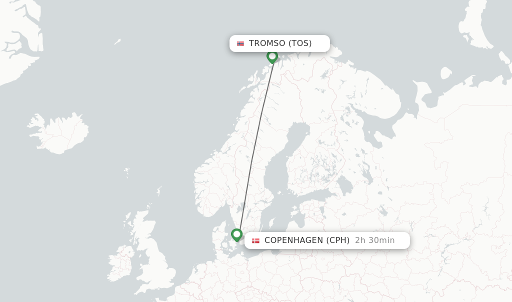Flights from Tromso to Copenhagen route map