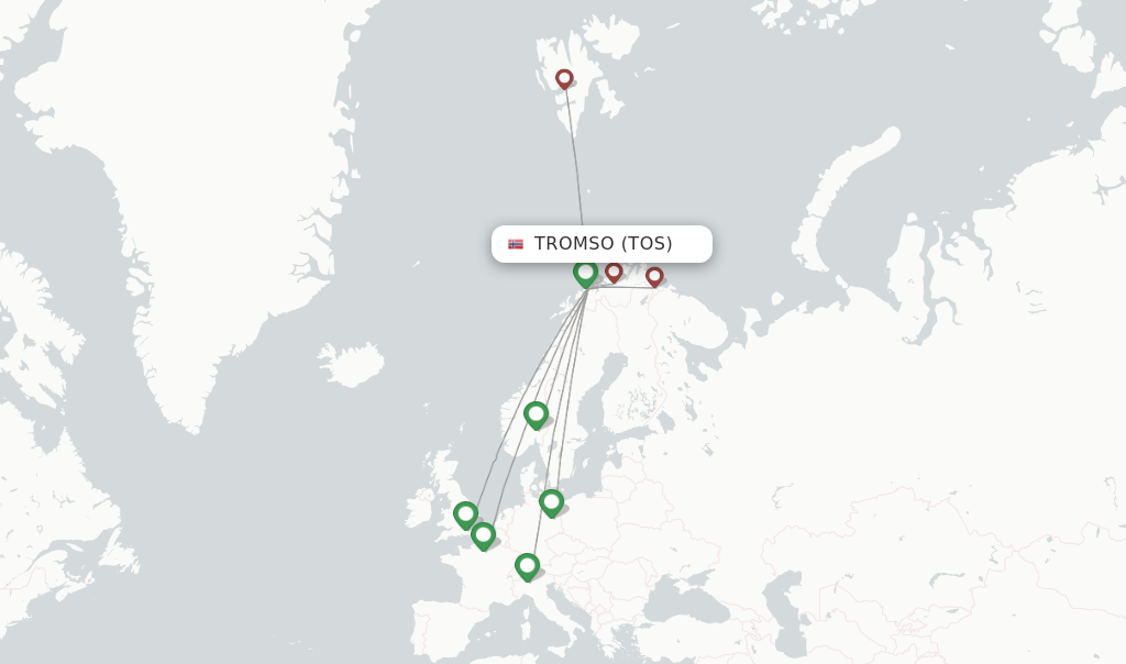 Route map with flights from Tromso with Norwegian