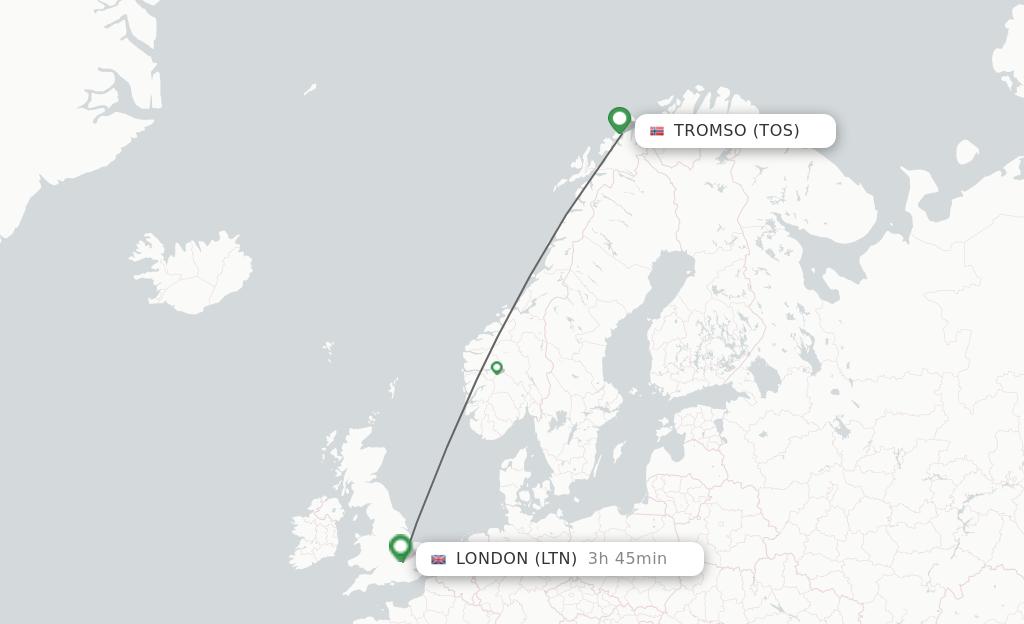 Flights from Tromso to London route map