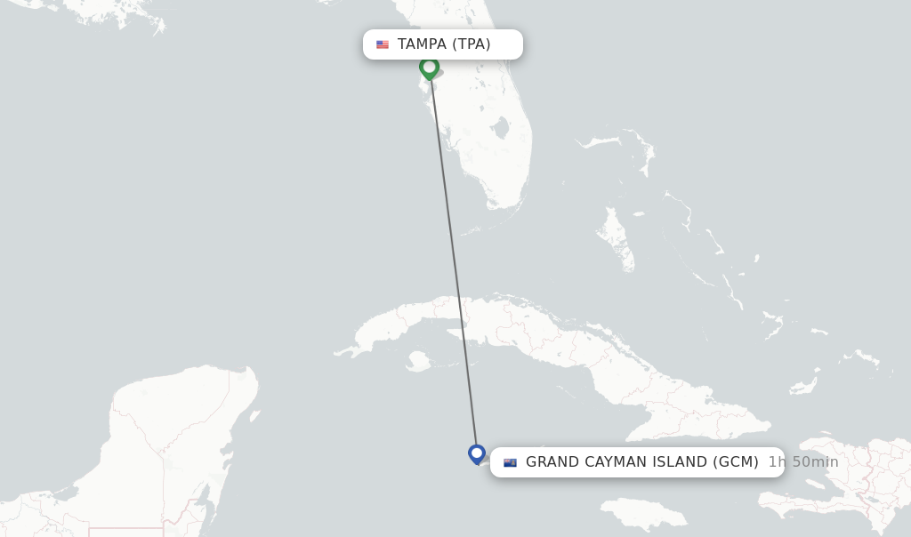 Flights from Tampa to Grand Cayman Island route map
