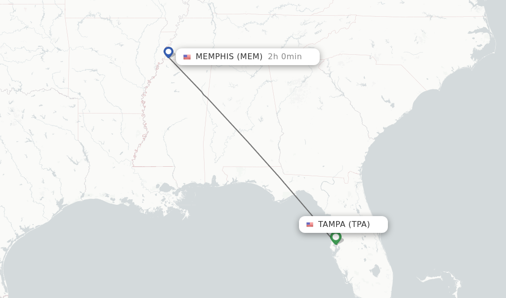 Flights from Tampa to Memphis route map