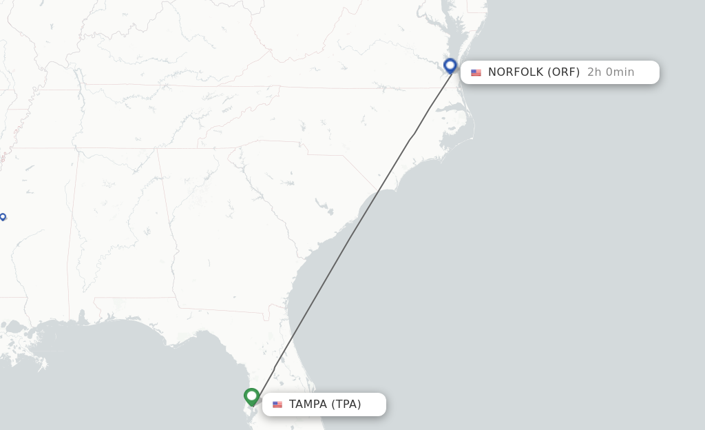 Flights from Tampa to Norfolk route map