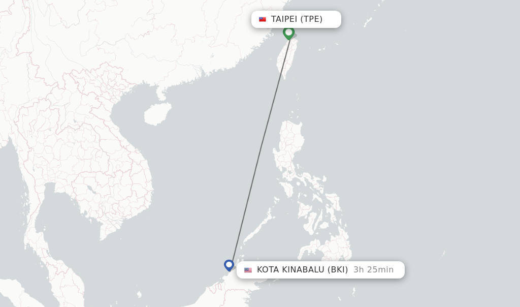 Flights from Taipei to Kota Kinabalu route map