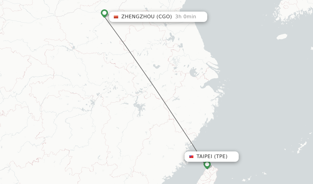 Flights from Taipei to Zhengzhou route map
