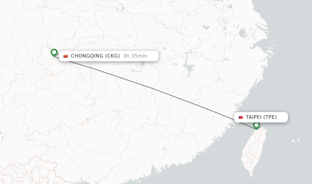 Flights from Taipei to Chongqing route map
