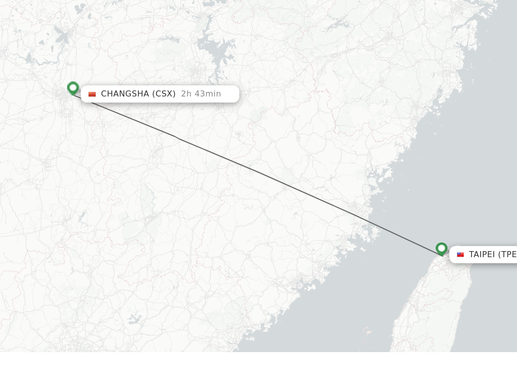 Flights from Taipei to Changsha route map