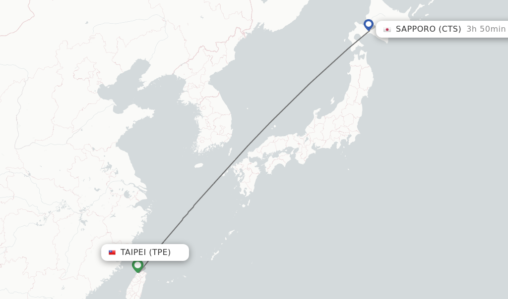 Flights from Taipei to Sapporo route map