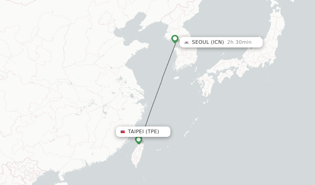 Flights from Taipei to Seoul route map