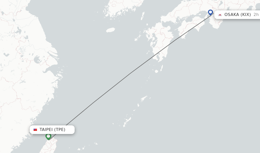Flights from Taipei to Osaka route map