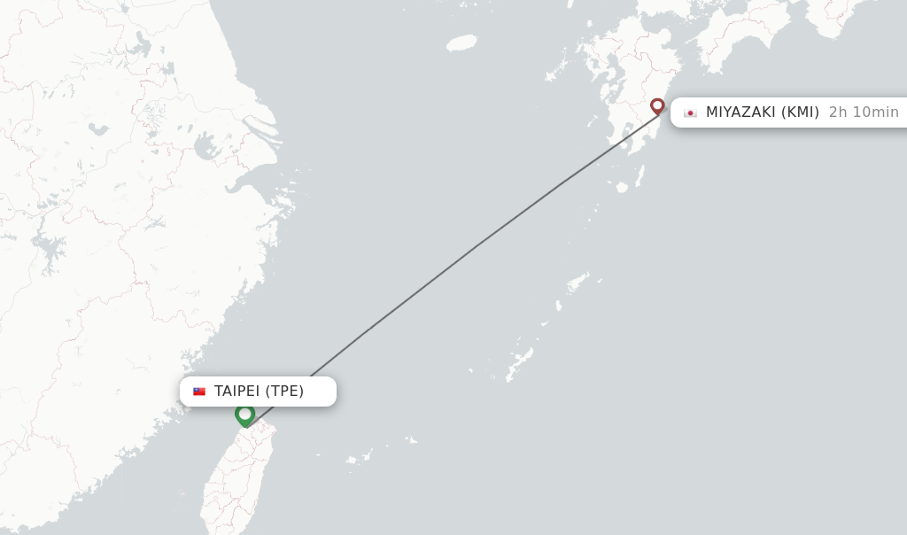 Flights from Taipei to Miyazaki route map