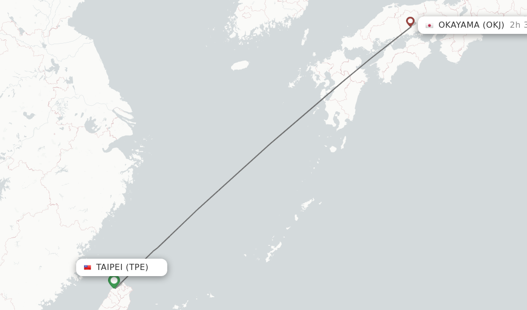 Flights from Taipei to Okayama route map