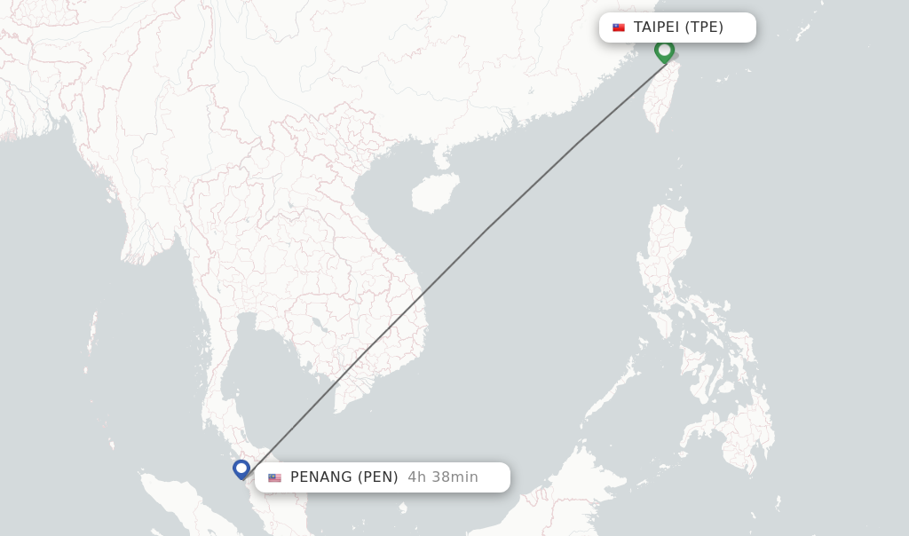 Flights from Taipei to Penang route map