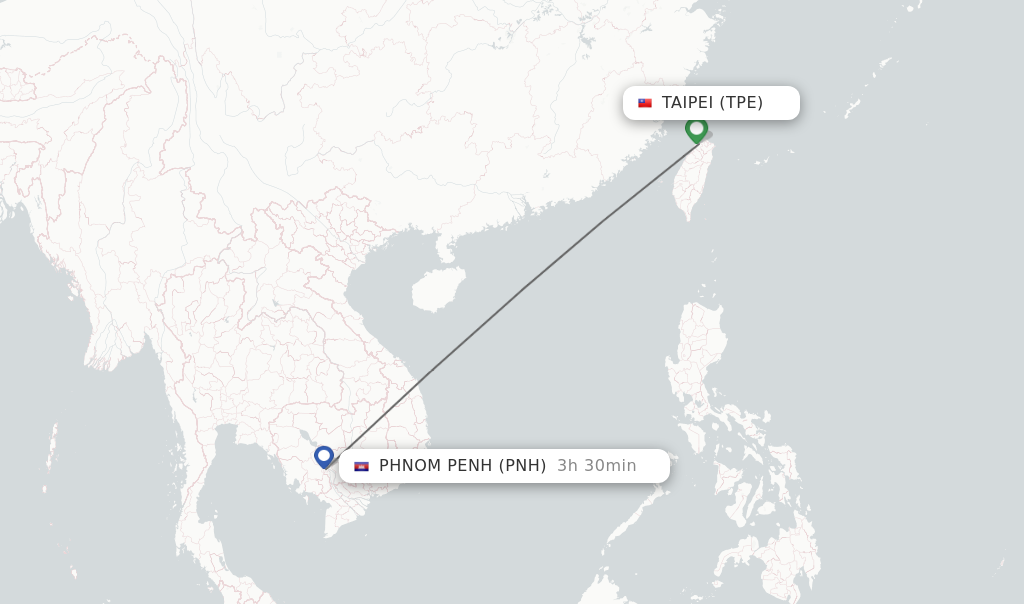 Flights from Taipei to Phnom Penh route map