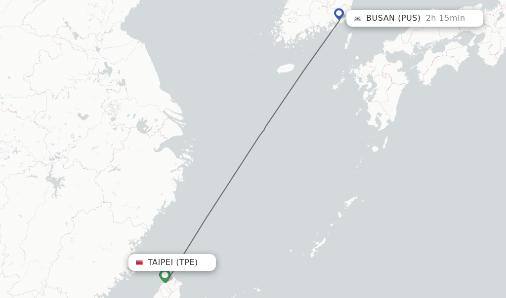 Flights from Taipei to Busan route map