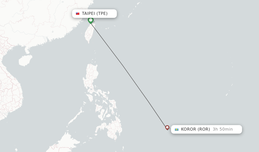 Flights from Taipei to Koror route map
