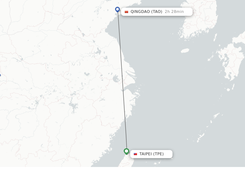 Flights from Taipei to Qingdao route map