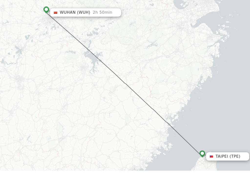 Flights from Taipei to Wuhan route map