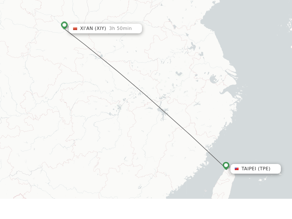 Flights from Taipei to Xian route map