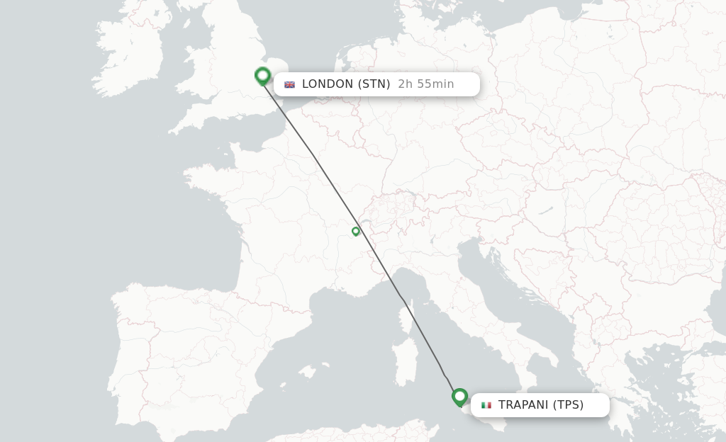 Flights from Trapani to London route map