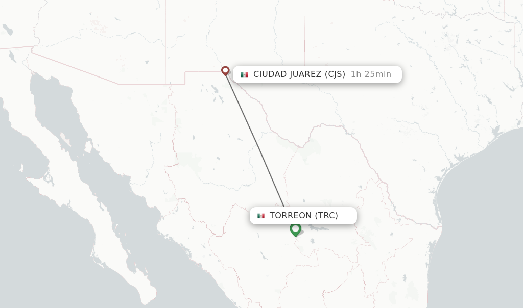 Flights from Torreon to Ciudad Juarez route map