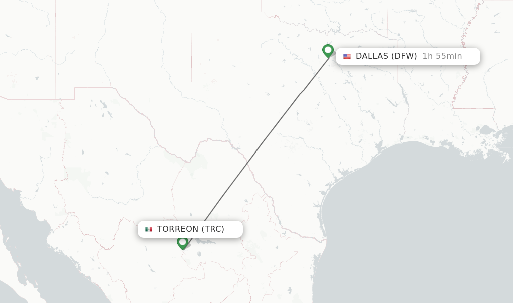 Flights from Torreon to Dallas route map