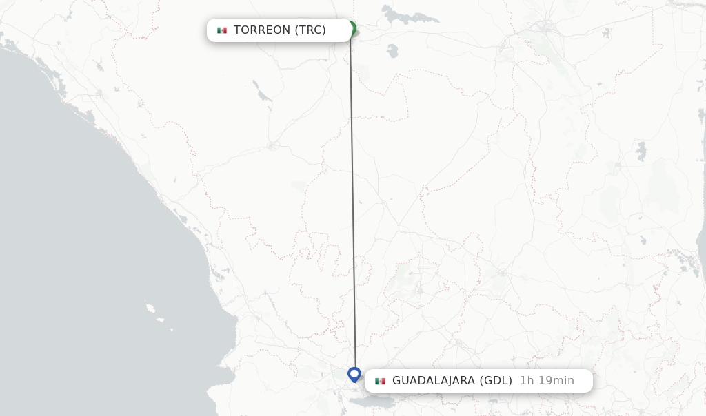 Flights from Torreon to Guadalajara route map