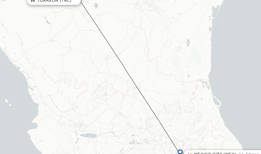 Flights from Torreon to Mexico City route map