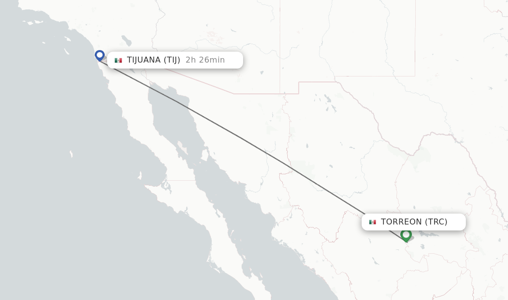 Flights from Torreon to Tijuana route map