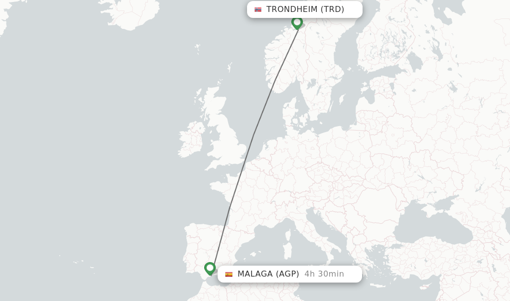 Flights from Trondheim to Malaga route map
