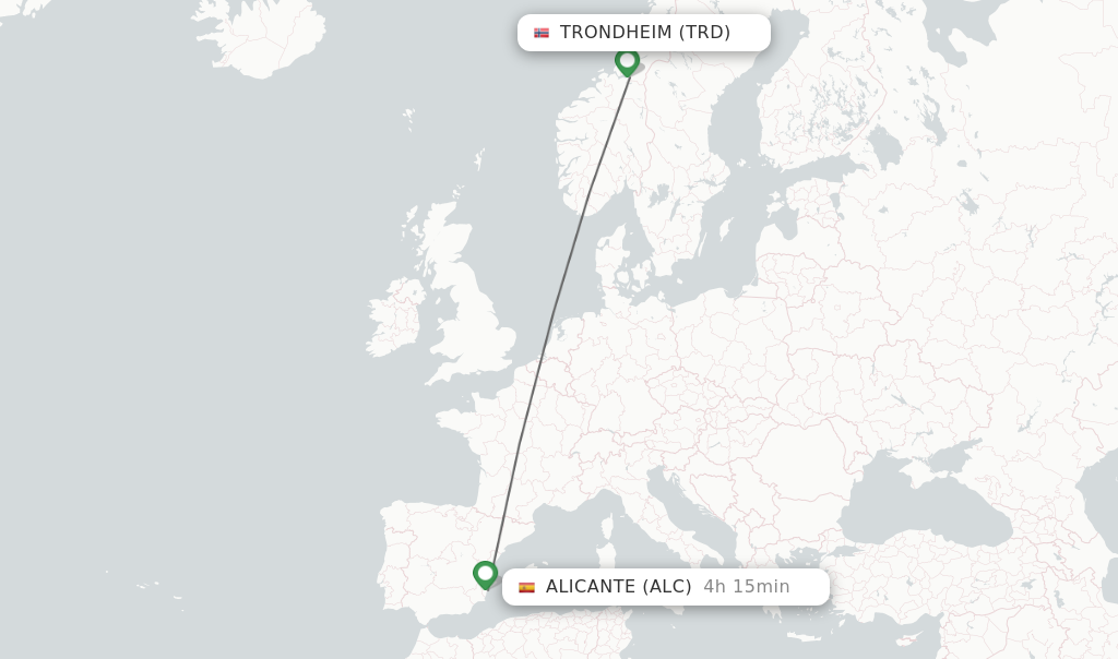 Flights from Trondheim to Alicante route map