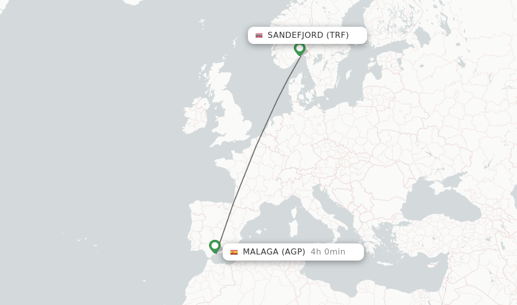 Flights from Sandefjord to Malaga route map