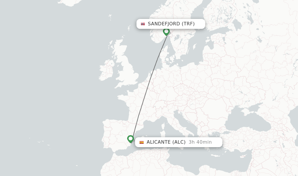 Flights from Sandefjord to Alicante route map