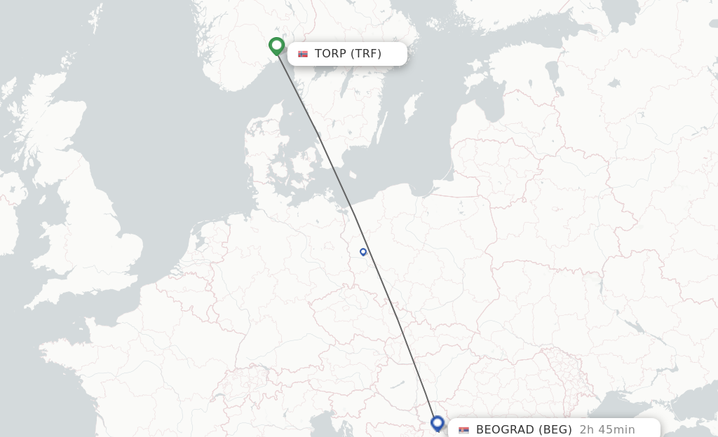 Flights from Sandefjord to Belgrade route map