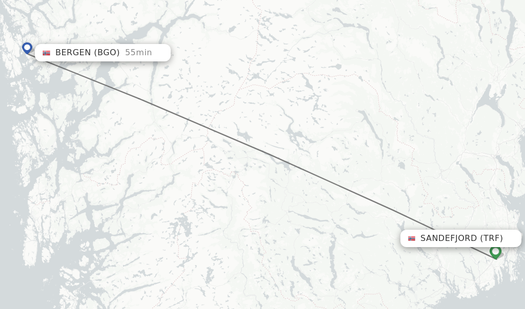 Flights from Sandefjord to Bergen route map