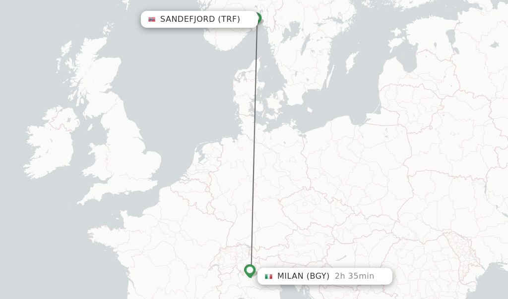 Flights from Sandefjord to Milan route map