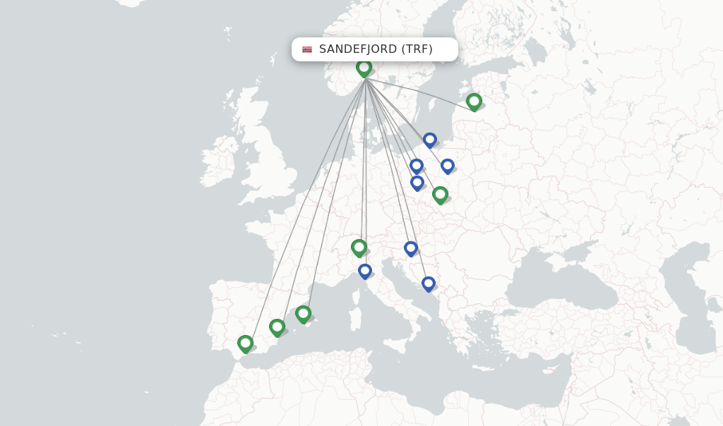 Route map with flights from Sandefjord with Ryanair