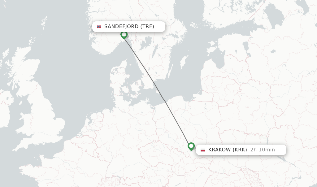 Flights from Sandefjord to Krakow route map