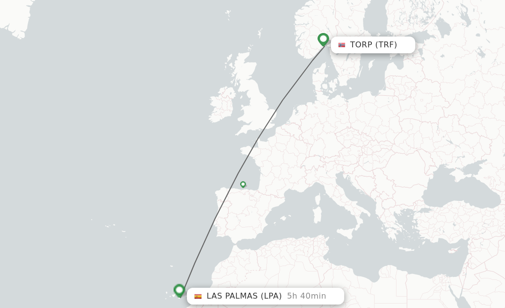 Flights from Sandefjord to Las Palmas route map