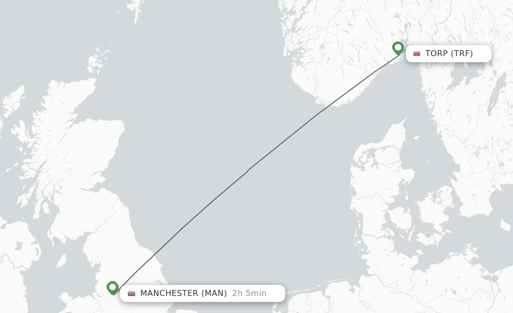 Flights from Sandefjord to Manchester route map