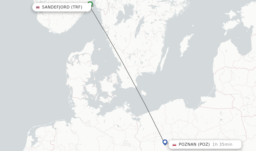 Flights from Sandefjord to Poznan route map