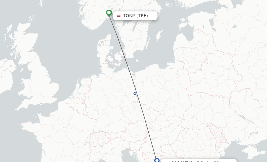 Flights from Sandefjord to Sarajevo route map