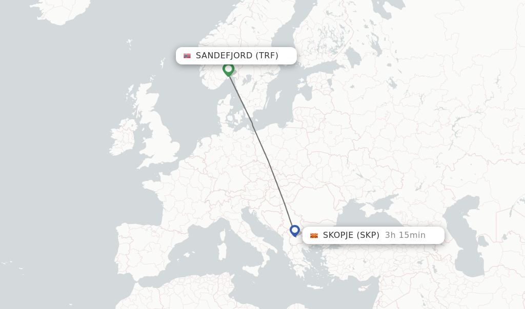 Flights from Sandefjord to Skopje route map